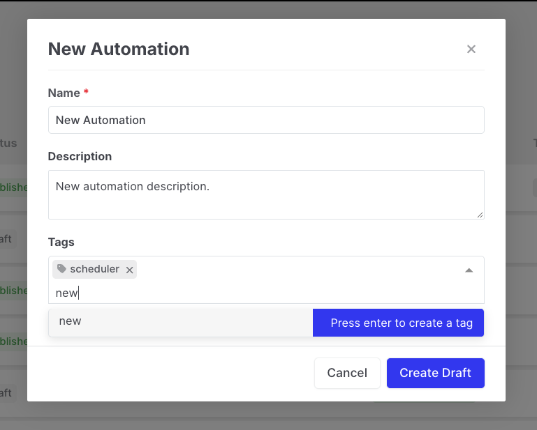 Automations: Create Draft dialog